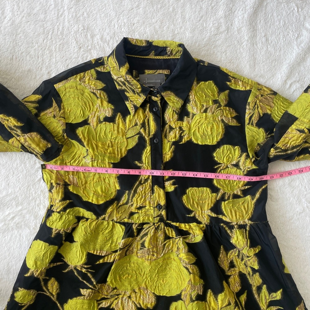 Anthropologie Bettina Jacquard Tiered Mini Shirt Dress Black Gold Floral Medium - Picture 9 of 12